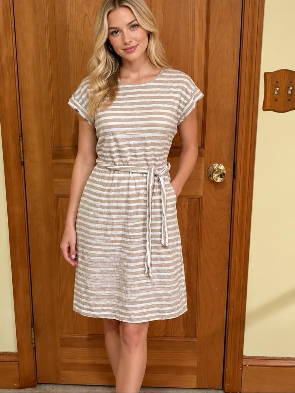 J. CREW Striped Tie-Waist Casual Dress in Beige and White